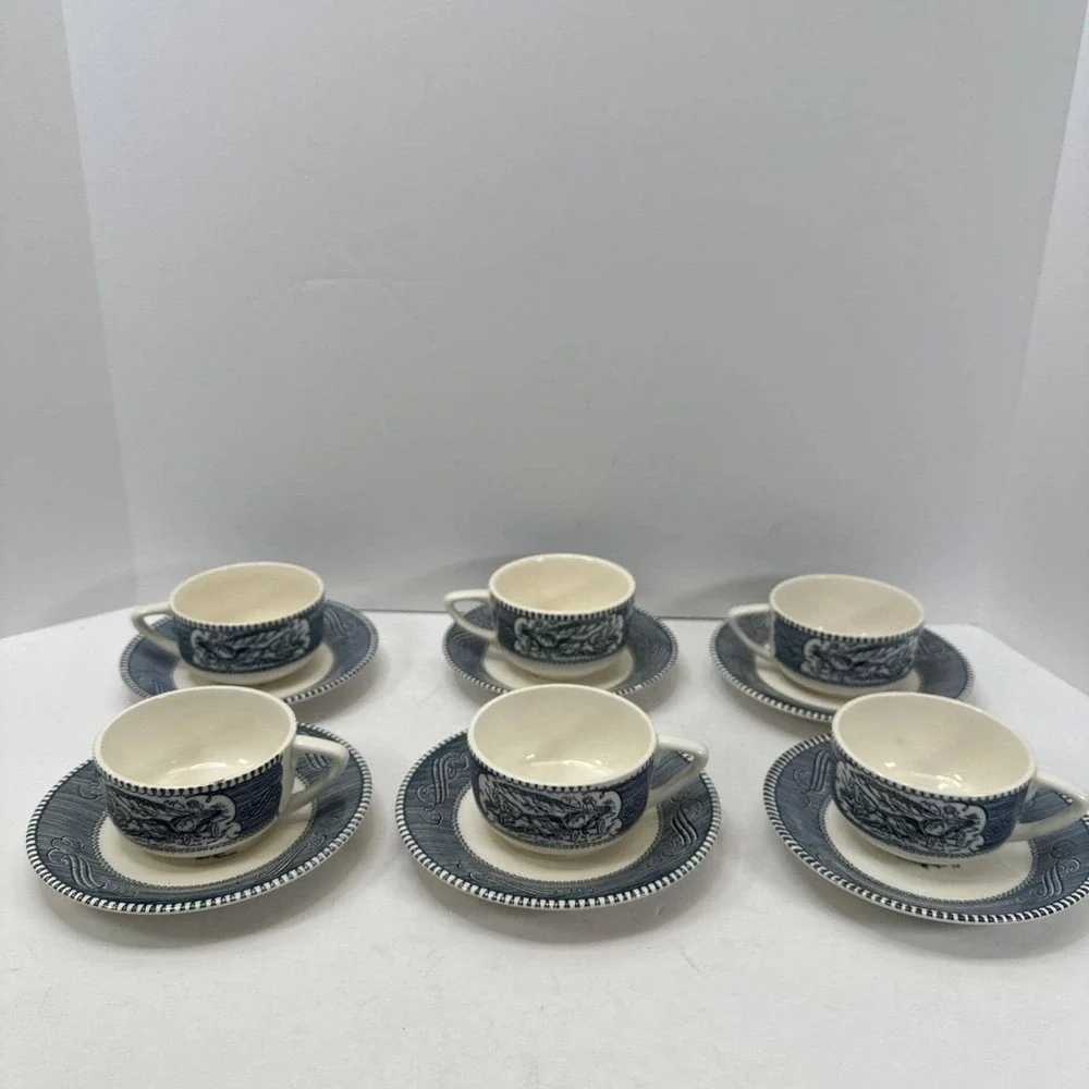 Royal China Currier & Ives 6 Blue & White Tea or Coffee Cups & Saucers Set  Vtg